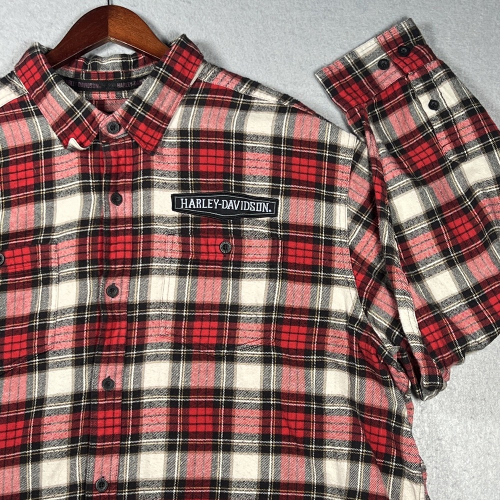 Harley Davidson Shirt Mens‎ 3XL XXXL Red White Flannel Plaid Long Sleeve Pockets
